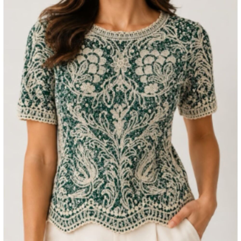 Solitaire Women's Green Floral Embroidered Top Size Medium Boho Angelcore